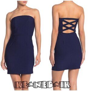 KENEDIK Strapless X-Back Mini Dress in Navy Blue | Size Large | NWT